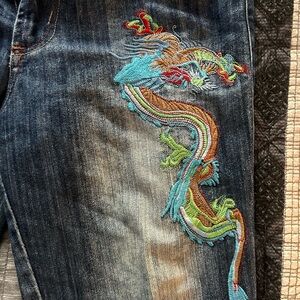 Vintage Chinese embroidered Jean capris Y2K Chinese Dragon